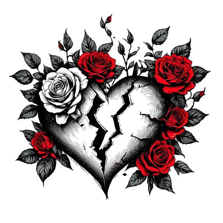 Black Broken Heart With Black And Red Roses Growing