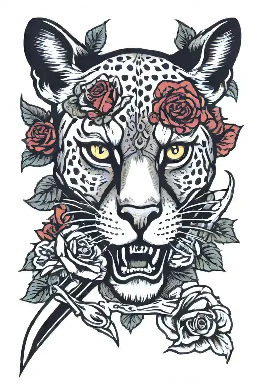 Puma And Roses With A Dagger In The Skull