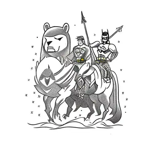 A Traditional Style Tattoo Of Batman And A Bear Riding Horses Side By Side