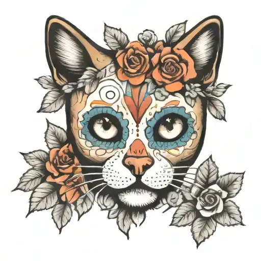 A Sugar Skull Of A Cat With Flowers