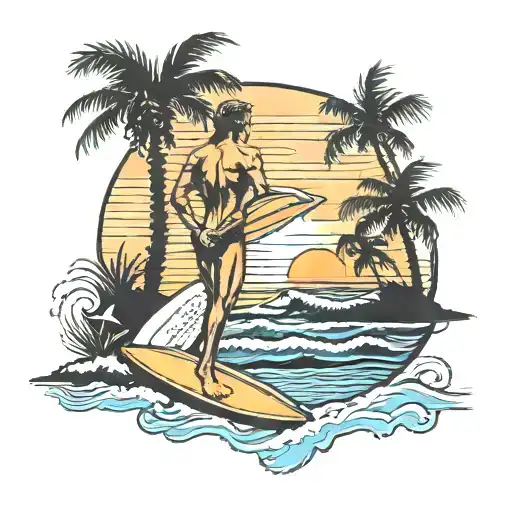 Nude Tanned Surfer Standing At Sunset With Surfboard By The Sea