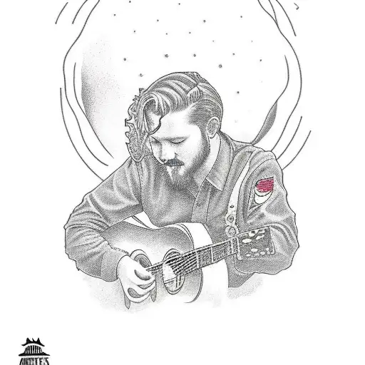 A Realistic Portrait Of Tyler Childers Playing Guitar In An American Traditional Style