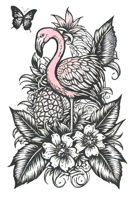 Flamingo With Pineapple And Butterfly
