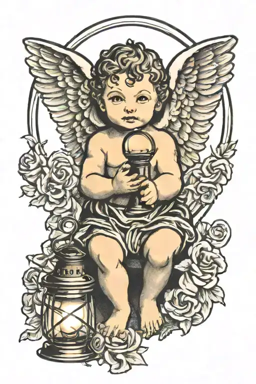 Cherub Holding Lantern Shining Light