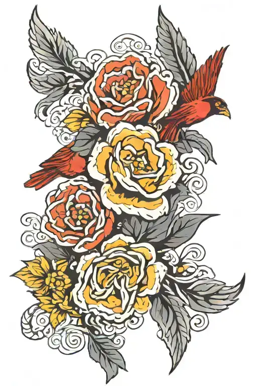 Celtic Clouds With Dutch Flowers In Between With A Cardinal Flying Downward At The Top