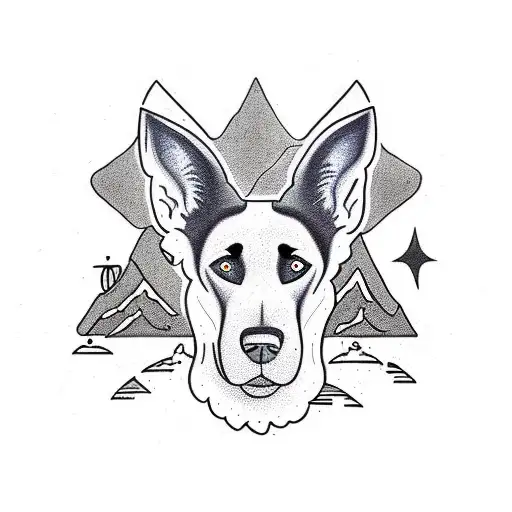 Black Belgian Malinois Head Surrounded By Mountains And Firs