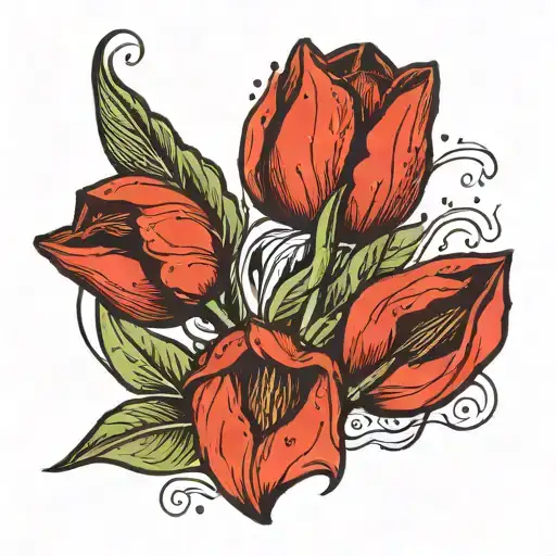 A Red Tulip In A Black Wrapper With Leaves Around And Drops Of Blood