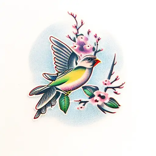 Bird And Cherry Branch