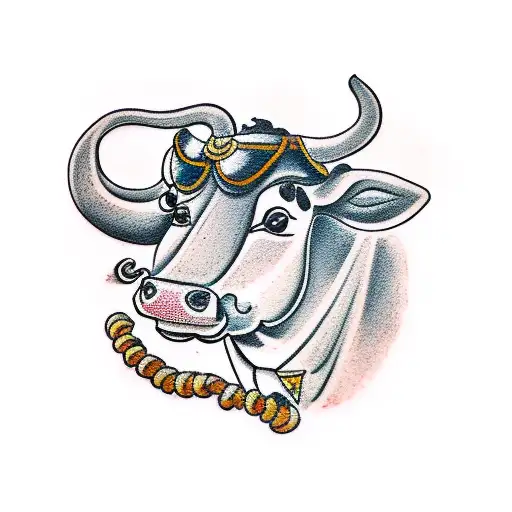 A Traditional Style Tattoo Of A Handshake Between A Cow And A Human