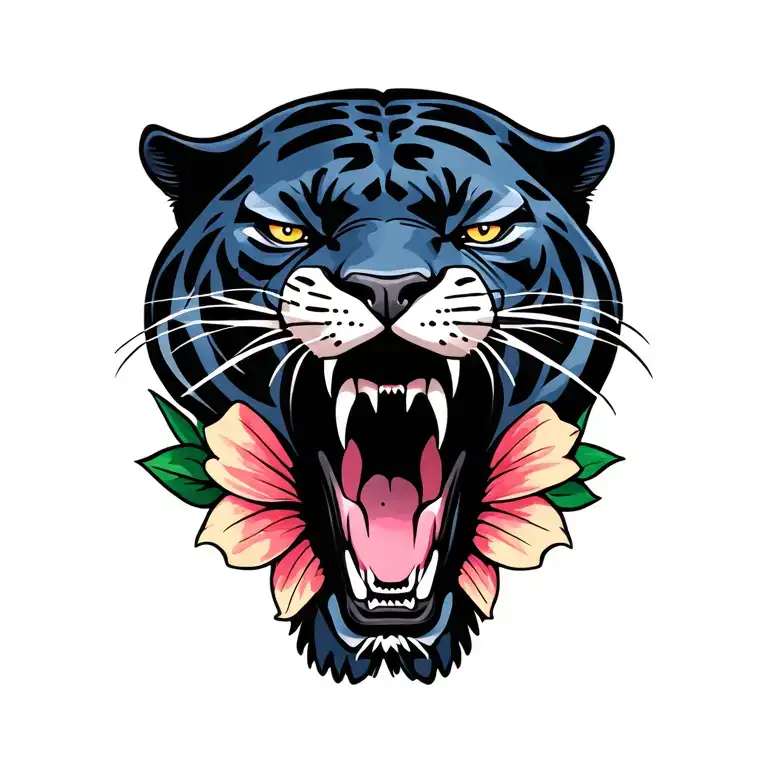 Panther Head Roaring With Flower On Bottom Part