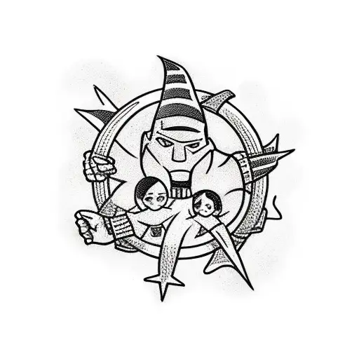 A Traditional Tattoo Of A Superhero Family Holding Hands In A Circle