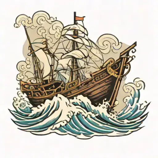 Ancient Fishing Boat In Waves Crashing Waves