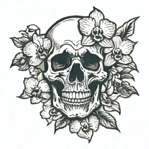 Skull And Orchids Blooming