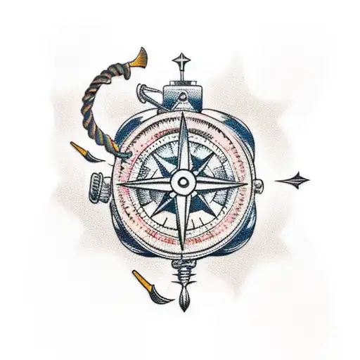 A Traditional-style Tattoo Of A Microphone Surrounded By Fishing Hooks And A Compass