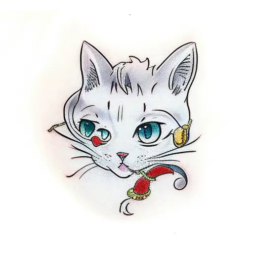 A Traditional Style Tattoo Of A Cat Dressed Up As An Anime Character