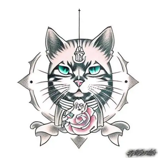 A Traditional Style Tattoo Of A Cat Dressed Up As An Anime Character
