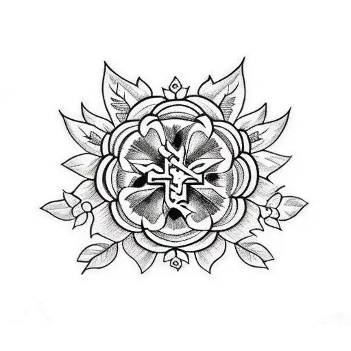 A Detailed Blackwork Tattoo Of A Cross Surrounded By Intricate Floral Patterns