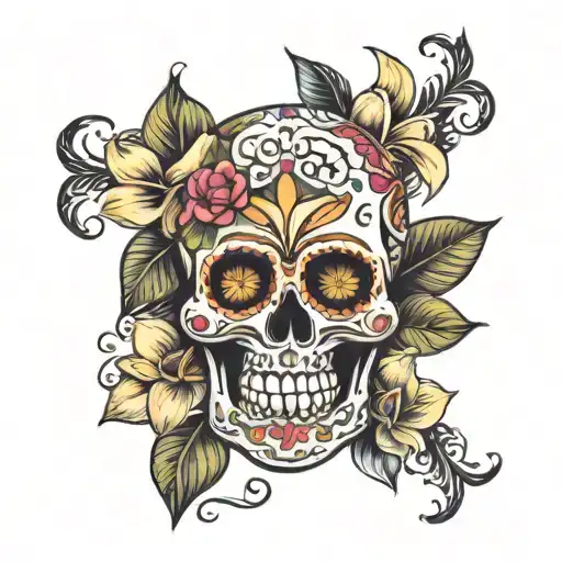 Sugar Skull Surrounded With Plumeria Flower Intertwined