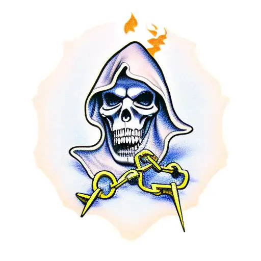 Grim Reaper Holding A Cracked Hour Glass With Sand Tipping Out And Has Chains Wrapped