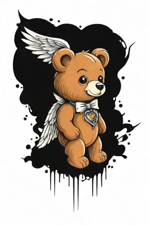 Create A Vibrant Tattoo Design Of A Teddy Bear With Angel Wings And A Heart Gem