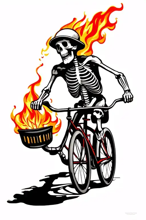 Skeleton Riding Bycicle On Fire Coming