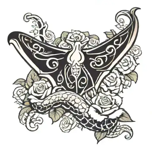 Manta Ray Along With A Boa Snake With Intertwined White Roses