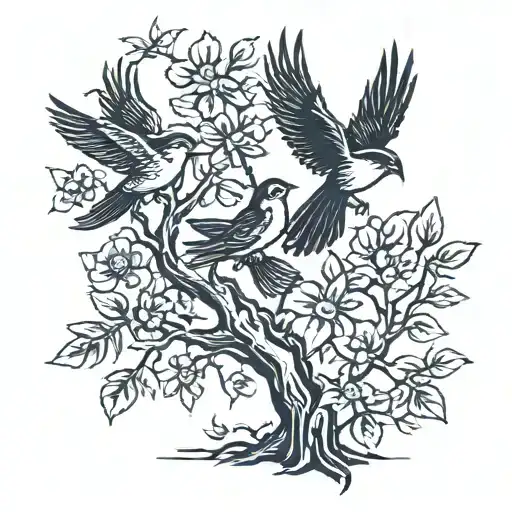 Small Birds Flying From Tree