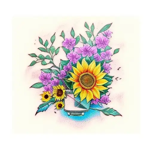 A Vibrant And Colorfull Tattoo Of A Bougainvillea And A Sunflower Intertwined