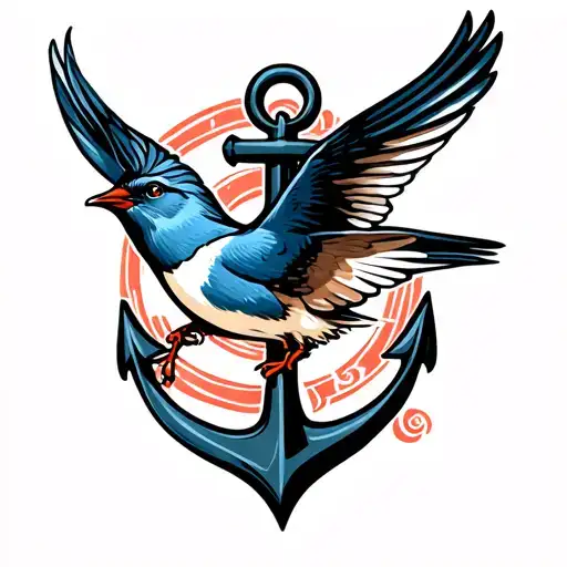 Swallow In Flight In Front Of An Anchor