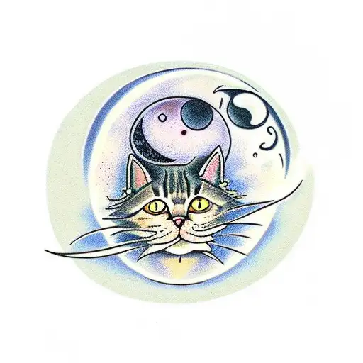 Cat With The Moon And Flowers