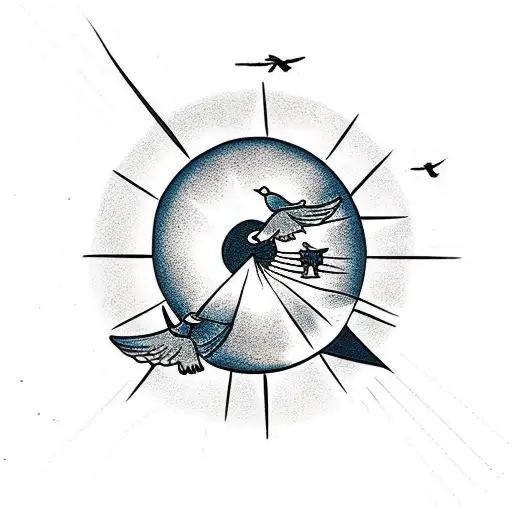 A Family Of Birds Flying Towards A Shining Sun Over A Mountain Range