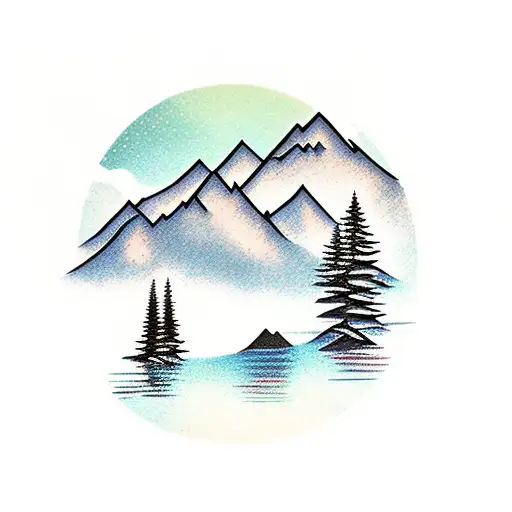 Mountain Scene With Trees Reflected Into Water Looking Like The Letter M Stacked On A W