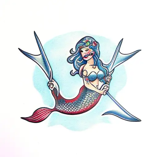Mermaid On An Anchor Holding A Trident