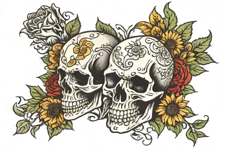 Skull Roses And Sunflowers Intertwined