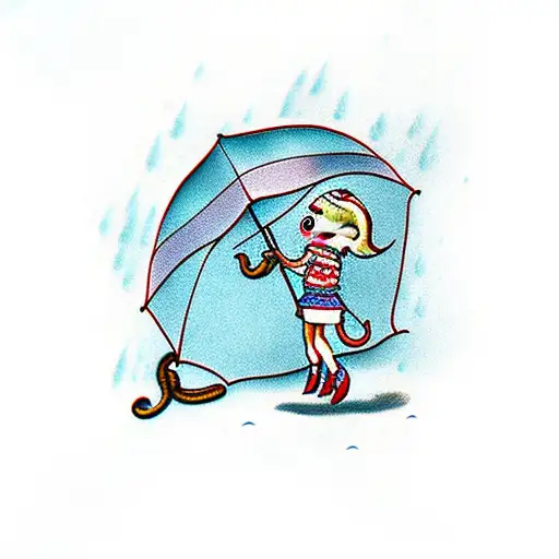 Girl Holding Sock Monkey Umbrella Under Rain