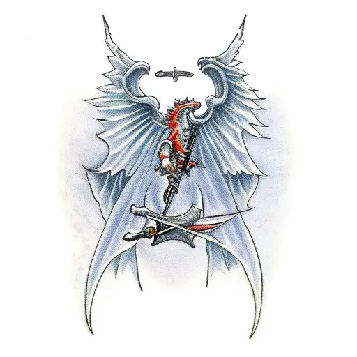 Wings On Side Slaying Dragon The Middle Of Wings With Sword