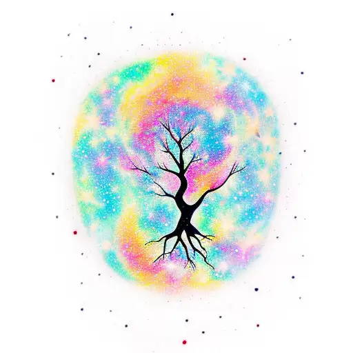 Boundless Colorful Galaxy And A Tree With Hearts In Roots