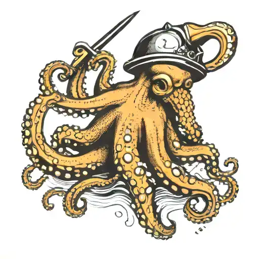 Octopus Wearing Divers Helmet Holding Spear And Anchor