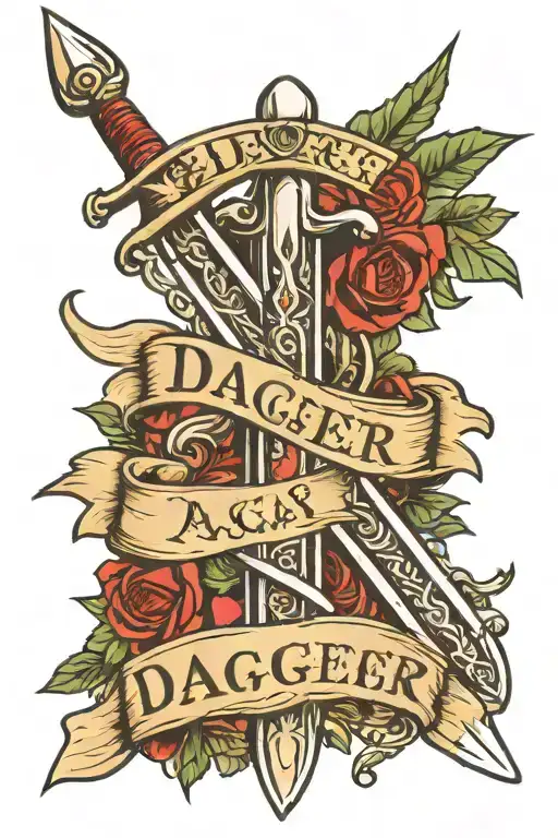 Traditional Dagger Piercing The Skin In 2 Places With Name Banners Where Dagger Goes Through Skin