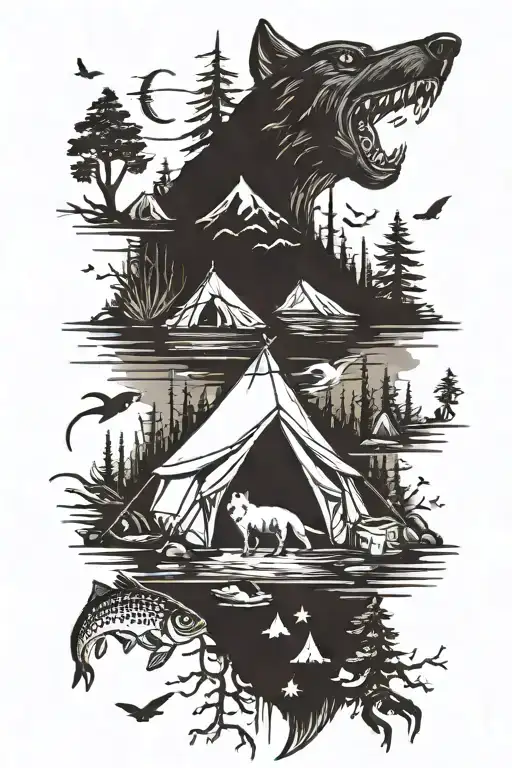 Camping Scene With Tent Wolf And Fish