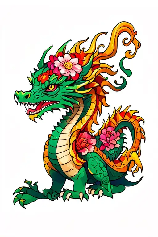 Dragon With Flowers And Trigres On The Back
