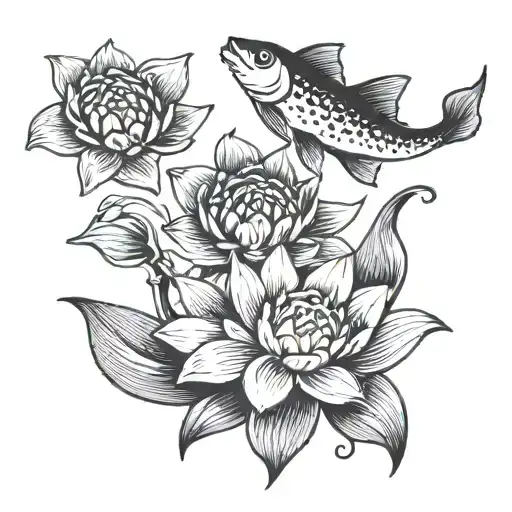 Three Fish Spinning Around Water Lily Flower