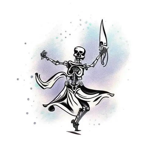 Woman Dancing With A Skeleton With A Knife In Her Hand