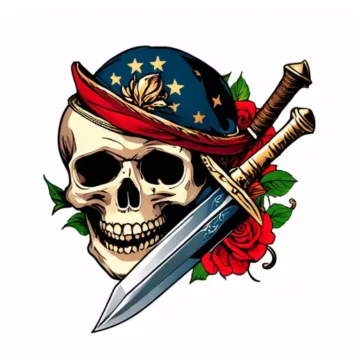 American Traditional Tattoo Of A Skull With Dagger Going Through
