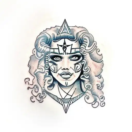Curly Haired Amazonian Warrior Woman With Geometric Patterns On Face