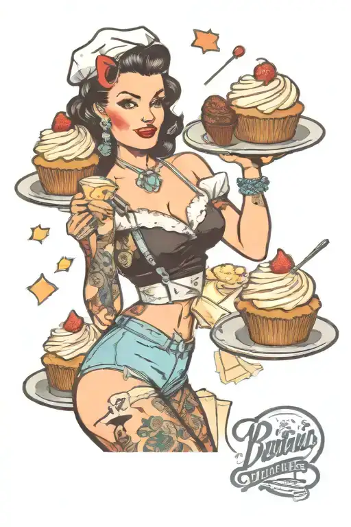 Sexy Female Pin Up Tattooed Baker With Cupcakes Frosting