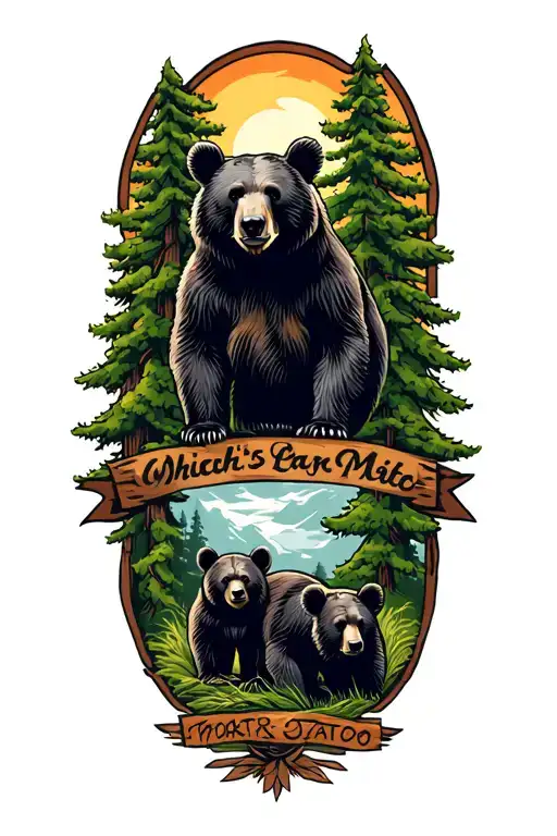 Black Bear With Two Cubs With Redwood Trees