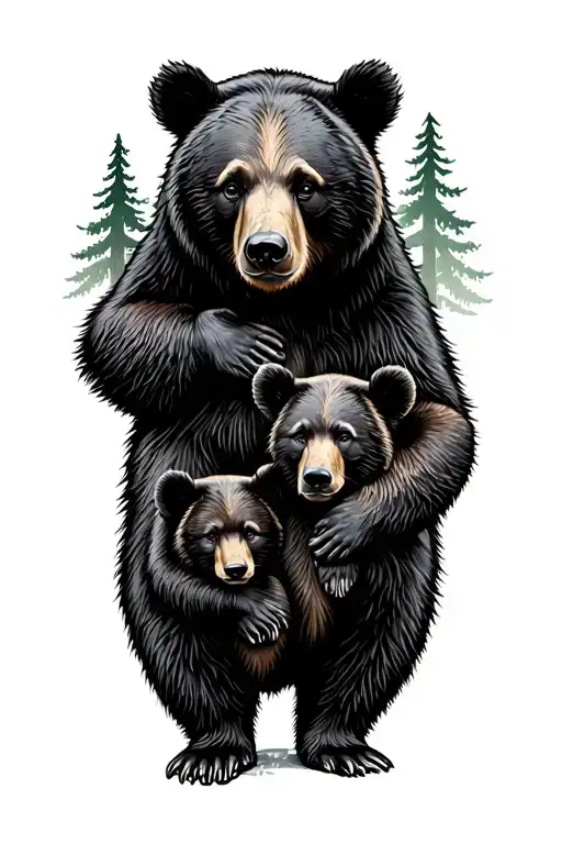 Black Bear With Two Cubs With Redwood Trees