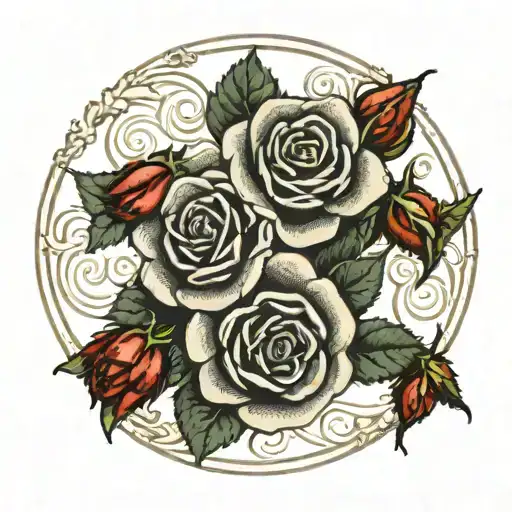 Circle Ring Of Several Small Roses Around A Center Flourish Design