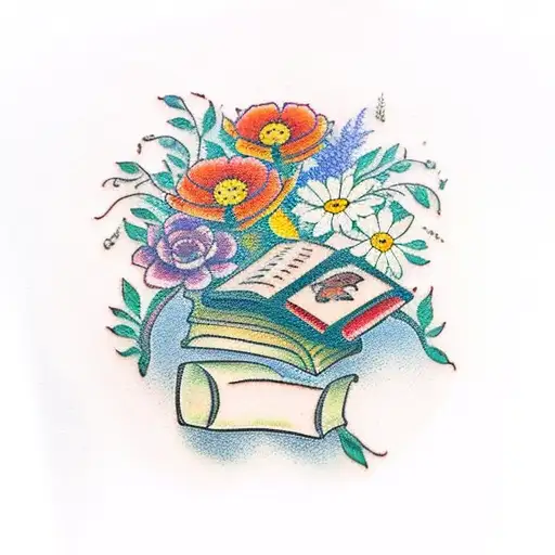 A Traditional Style Tattoo Of A Nature Scene With Books And Flowers Intertwined
